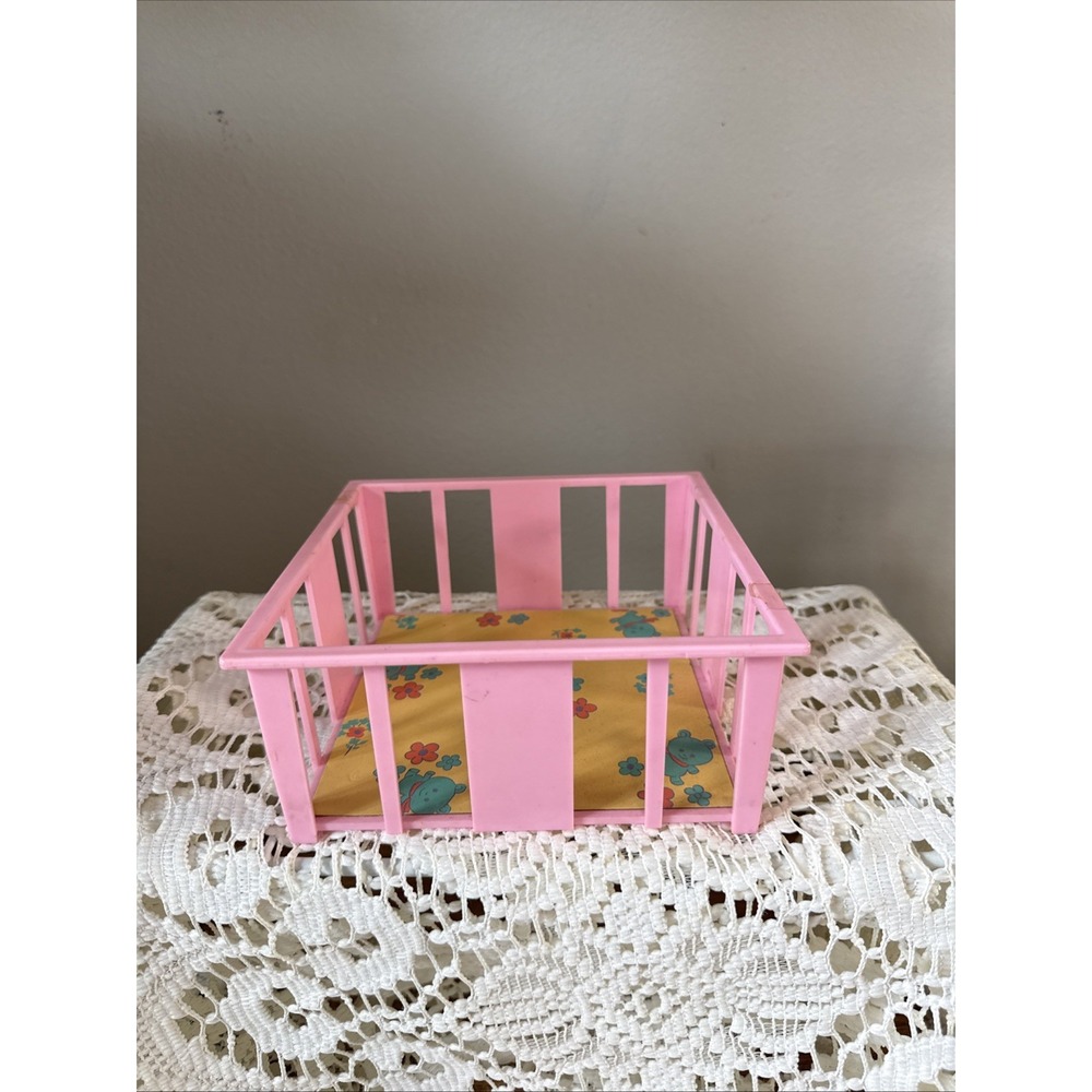 Vintage Goldberger Doll Mfg. Pink Plastic Crib With Bears & Flowers on Yellow